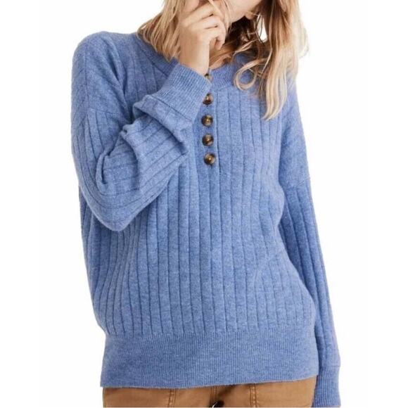 Madewell Sweaters - Madewell Blue Bowden Henley Ribbed Relaxed Wool 1/4 Button Sweater Size Small